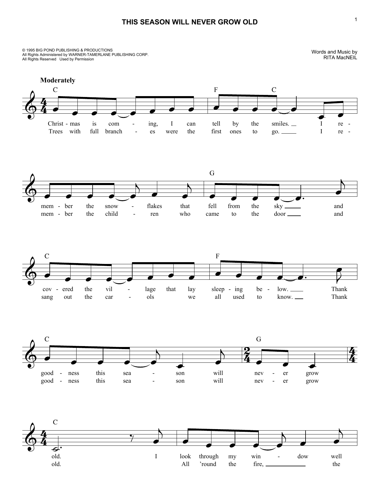 Rita MacNeil This Season Will Never Grow Old Sheet Music Notes & Chords for Lead Sheet / Fake Book - Download or Print PDF