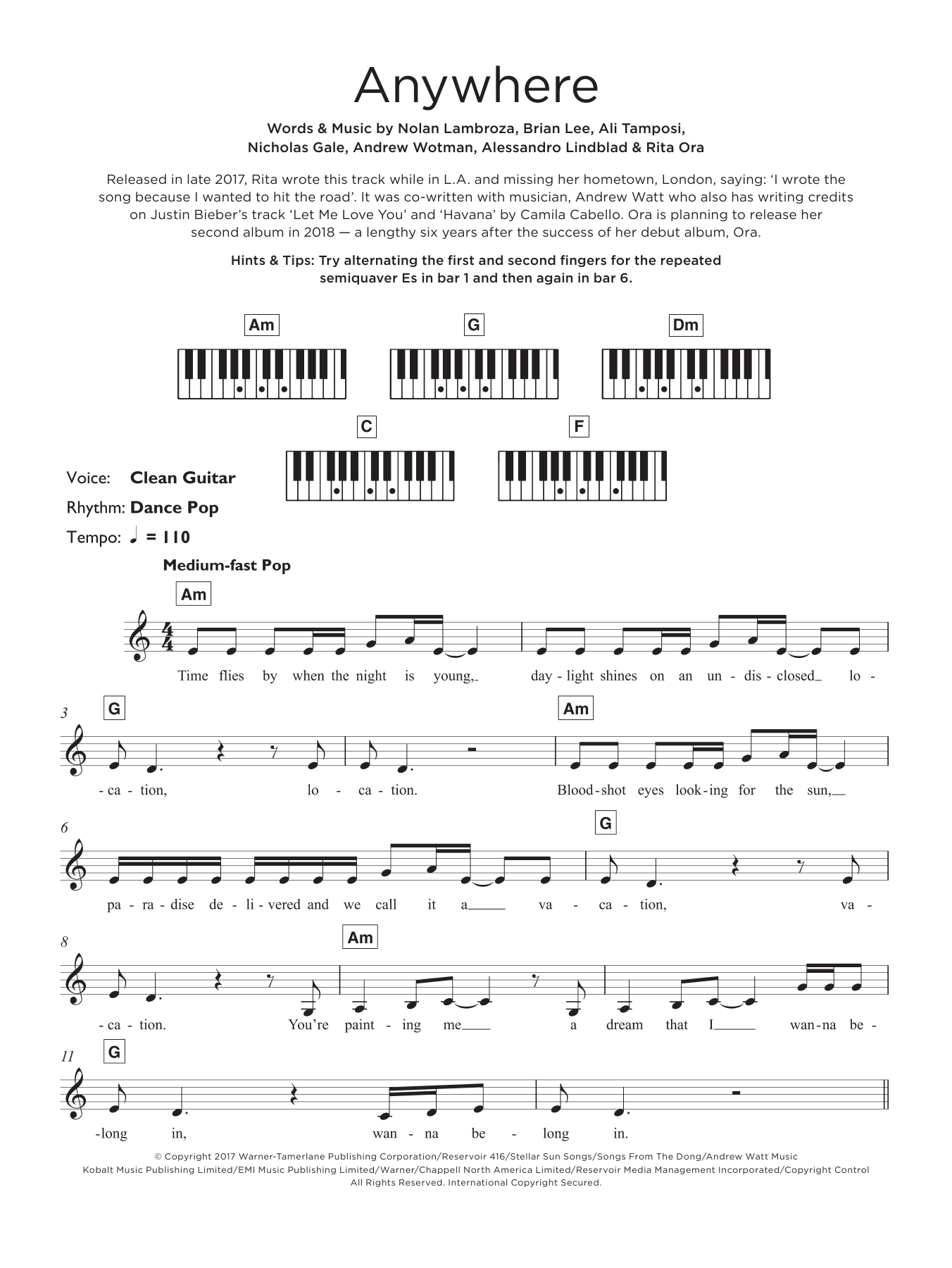 Rita Ora Anywhere Sheet Music Notes & Chords for Piano, Vocal & Guitar (Right-Hand Melody) - Download or Print PDF