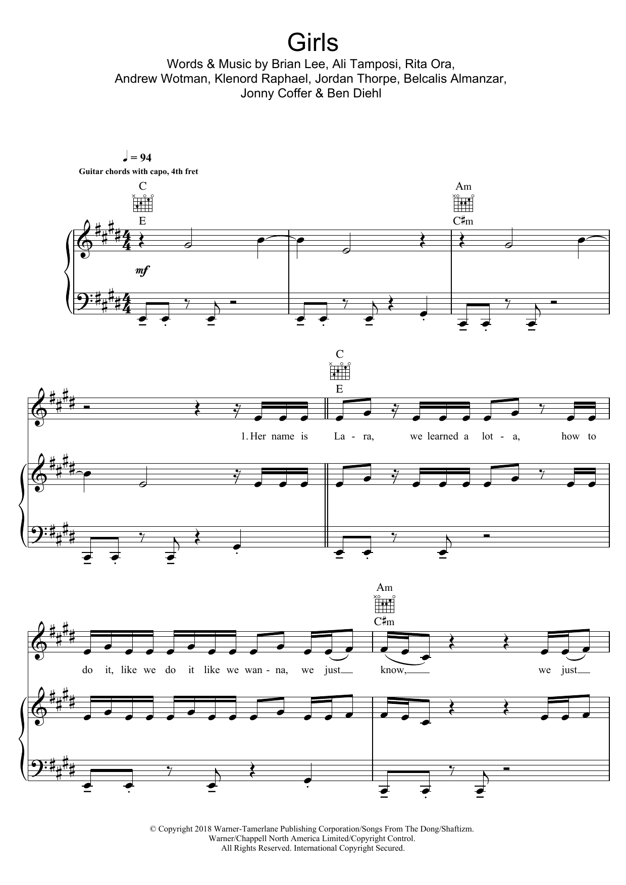 Rita Ora Girls (featuring Cardi B, Bebe Rexha and Charli XCX) Sheet Music Notes & Chords for Piano, Vocal & Guitar (Right-Hand Melody) - Download or Print PDF