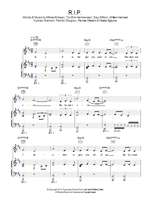 Rita Ora R.I.P. Sheet Music Notes & Chords for Piano, Vocal & Guitar (Right-Hand Melody) - Download or Print PDF