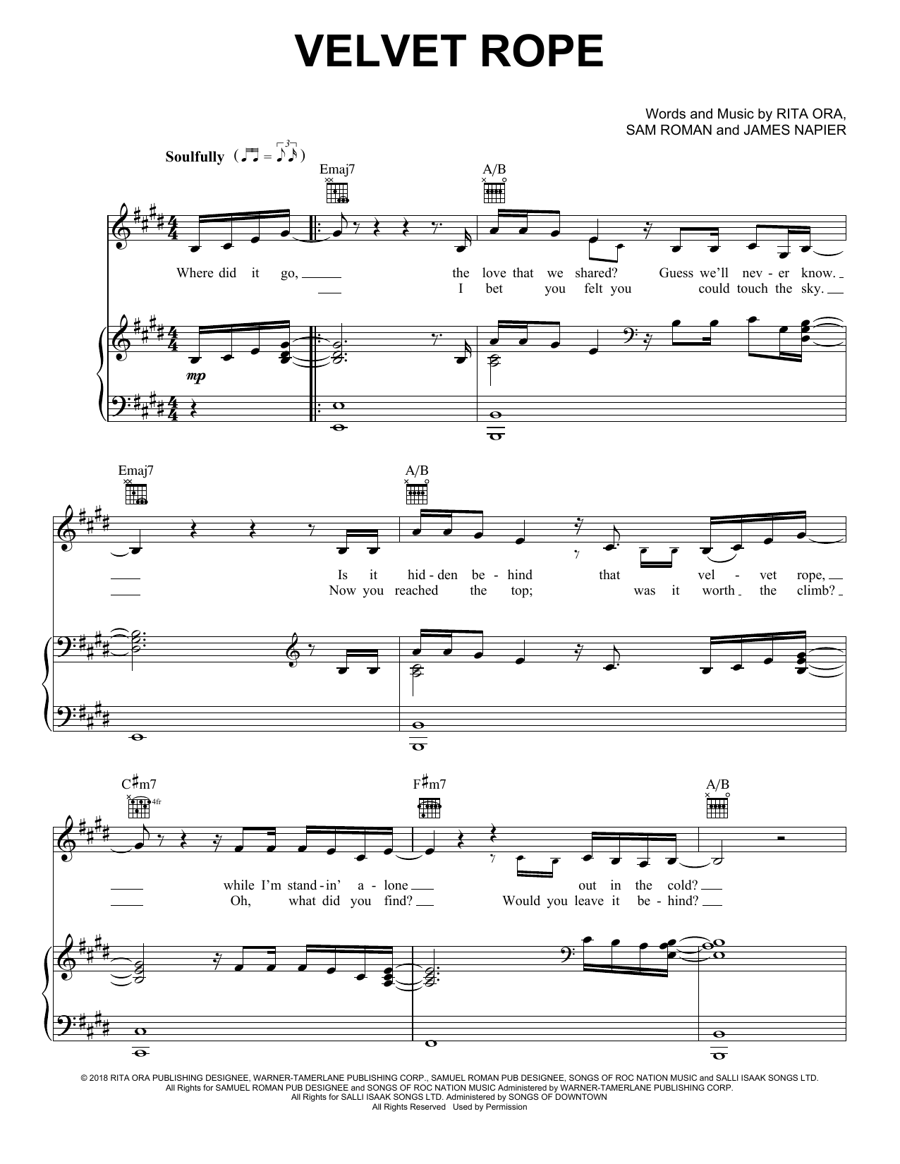 Rita Ora Velvet Rope Sheet Music Notes & Chords for Piano, Vocal & Guitar (Right-Hand Melody) - Download or Print PDF