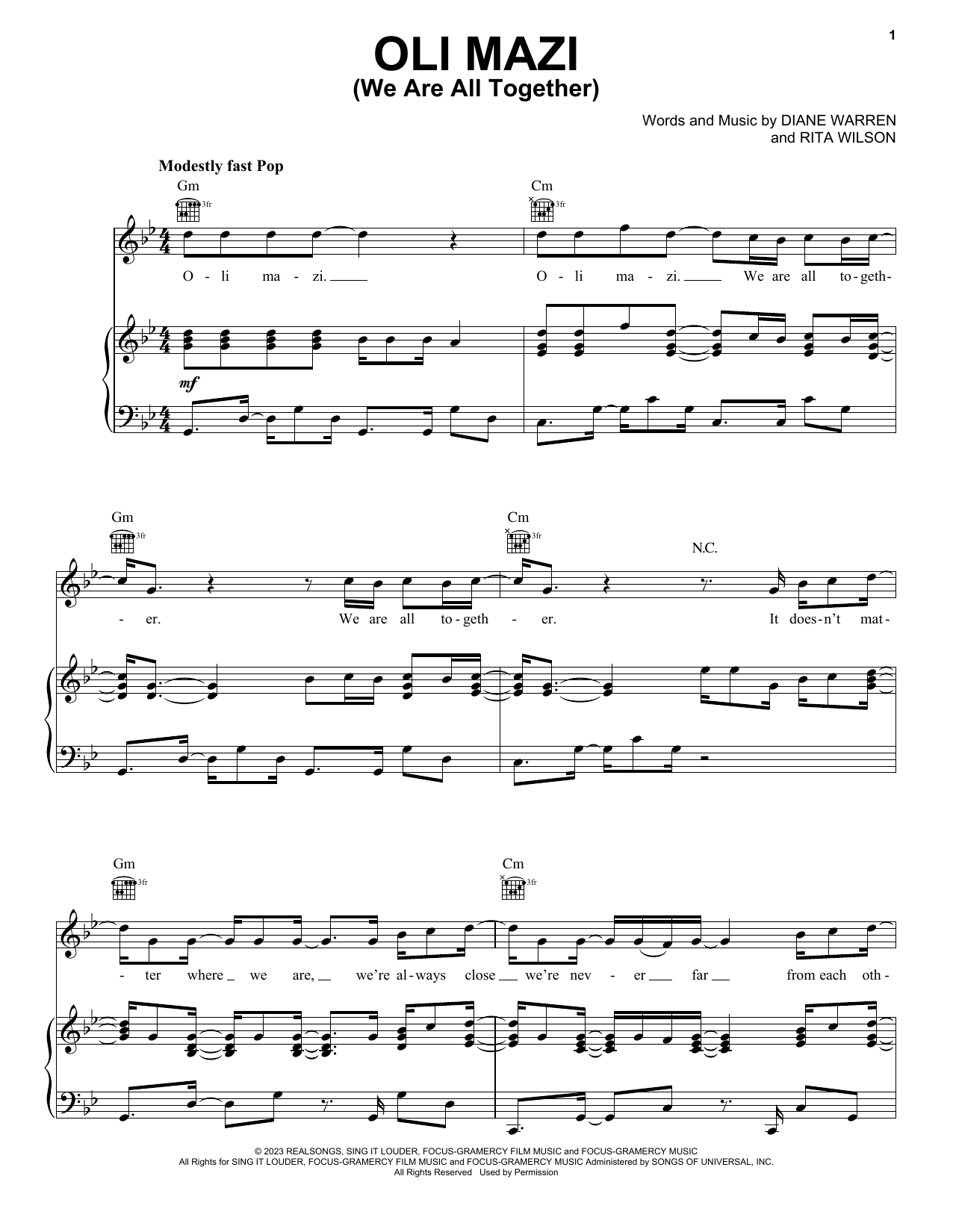 Rita Wilson & Christos Mastoras OLI MAZI (We Are All Together) (from My Big Fat Greek Wedding 3) Sheet Music Notes & Chords for Piano, Vocal & Guitar Chords (Right-Hand Melody) - Download or Print PDF