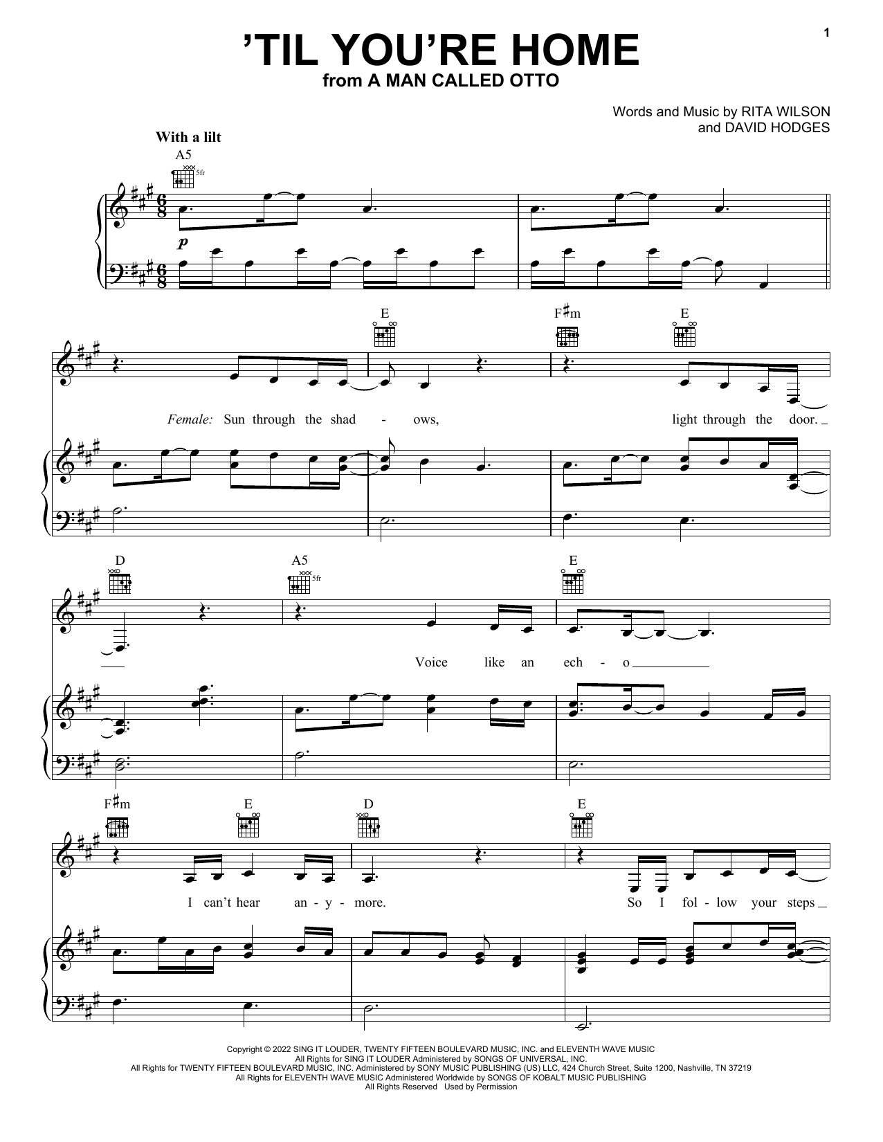Rita Wilson & Sebastian Yatra Til You're Home (from A Man Called Otto) Sheet Music Notes & Chords for Piano, Vocal & Guitar Chords (Right-Hand Melody) - Download or Print PDF