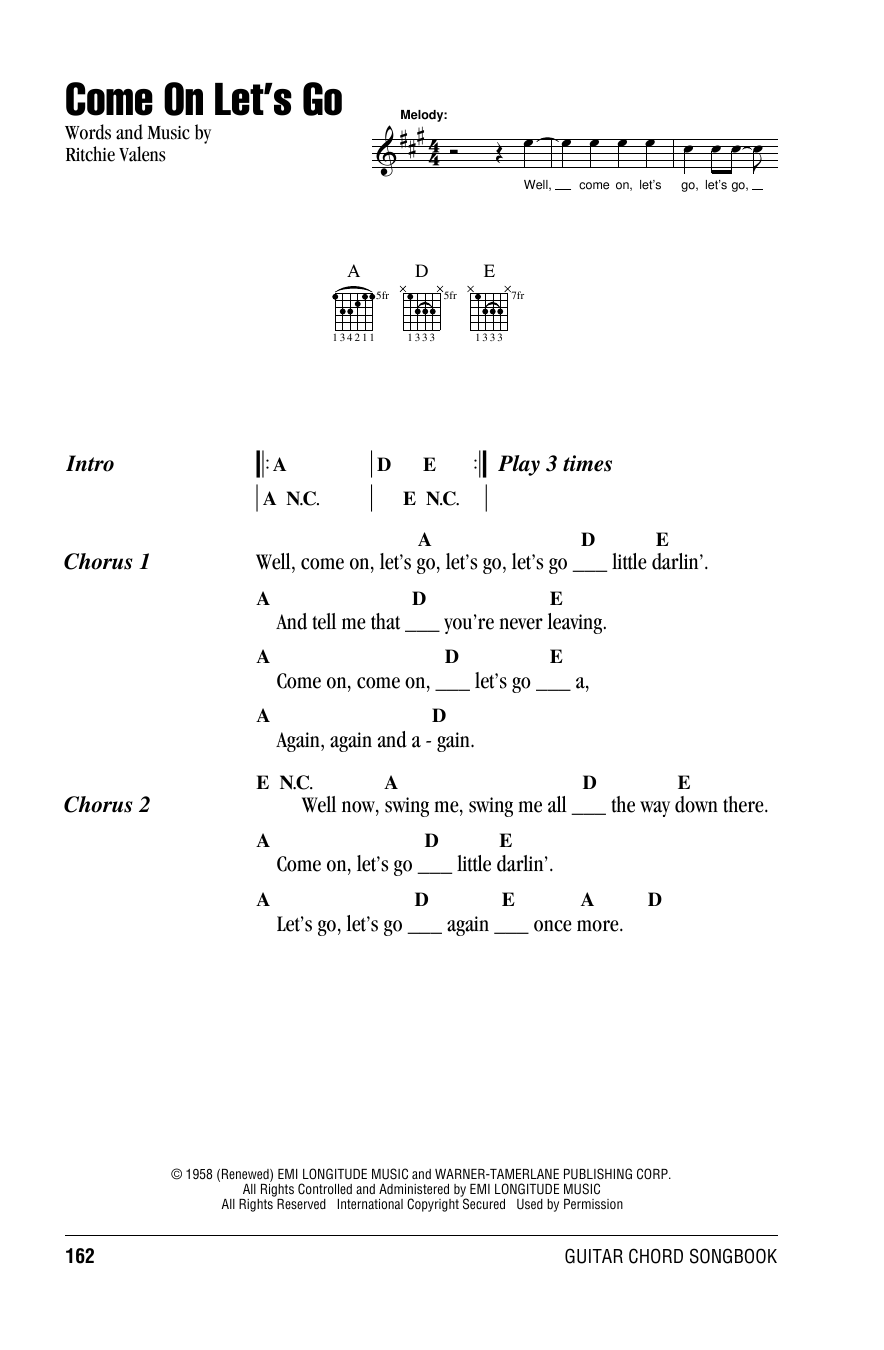 Ritchie Valens Come On Let's Go Sheet Music Notes & Chords for Lyrics & Chords - Download or Print PDF