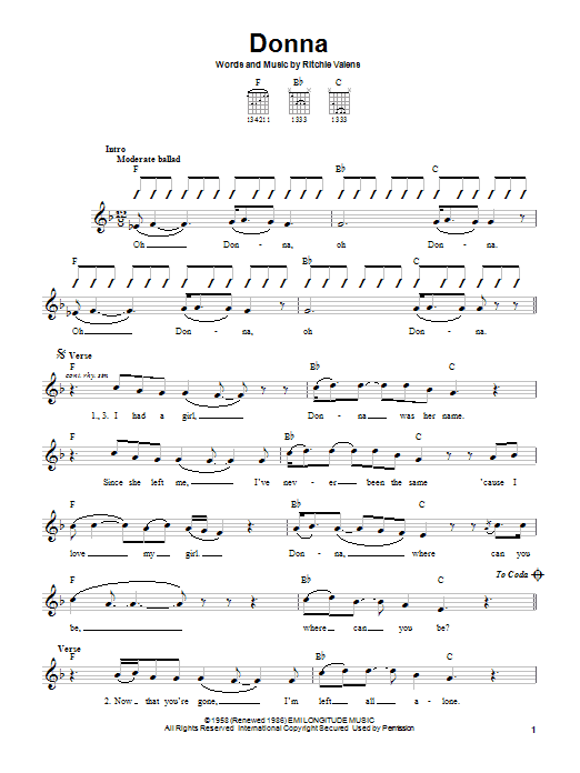 Ritchie Valens Donna Sheet Music Notes & Chords for Piano, Vocal & Guitar (Right-Hand Melody) - Download or Print PDF