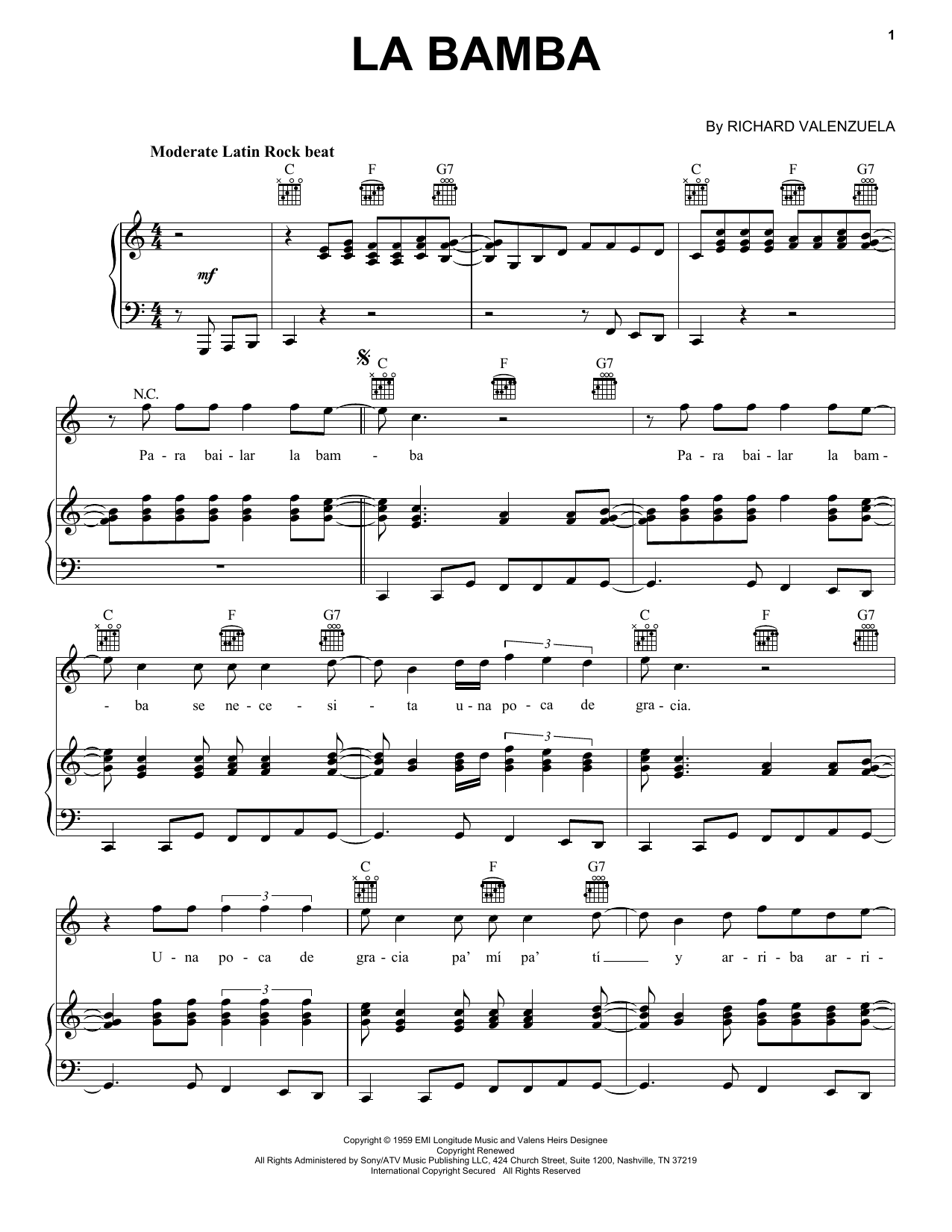 Ritchie Valens La Bamba Sheet Music Notes & Chords for Lyrics & Chords - Download or Print PDF