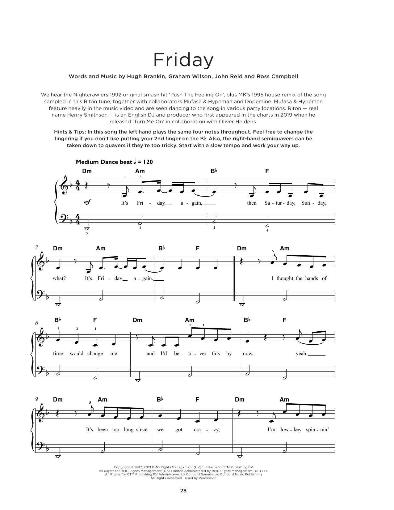 Riton and Nightcrawlers Friday (feat. Mufasa & Hypeman) Sheet Music Notes & Chords for Really Easy Piano - Download or Print PDF