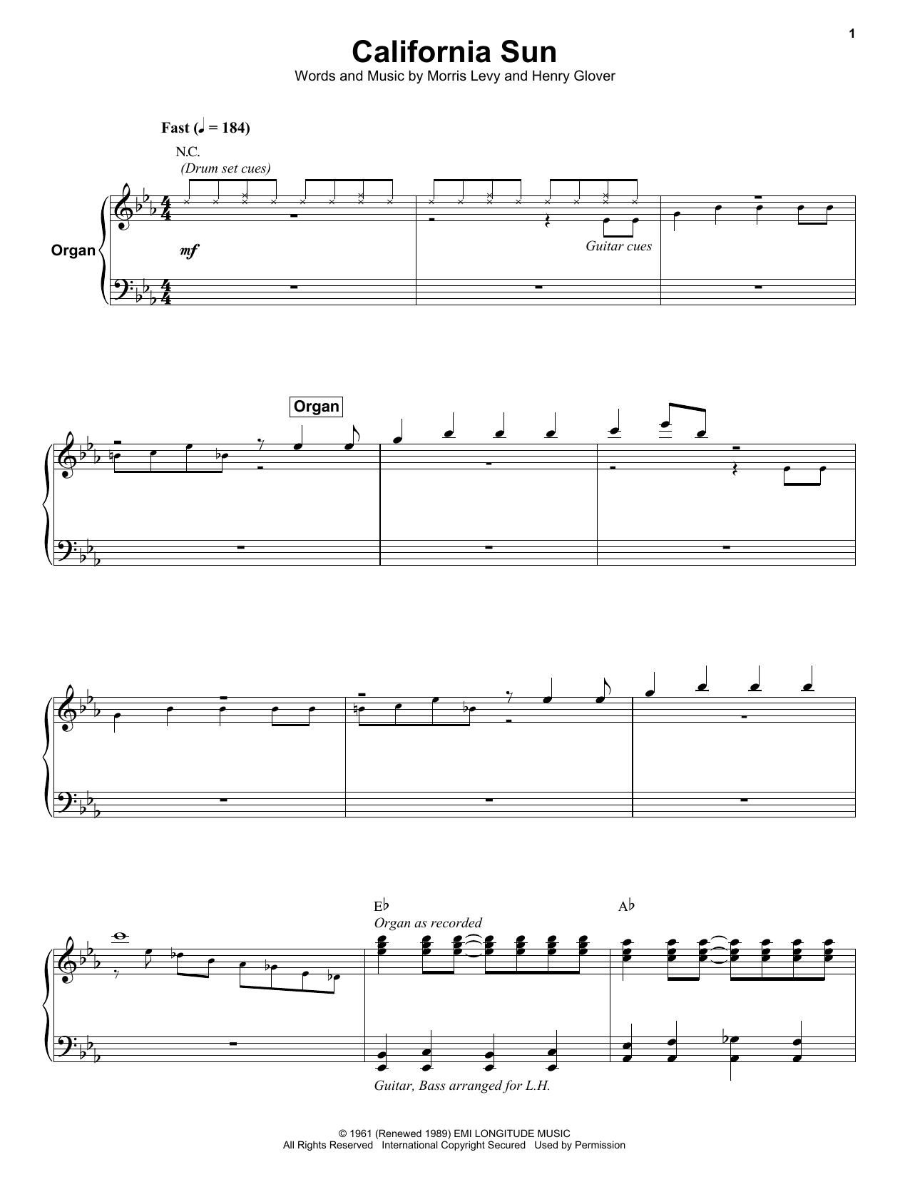 Rivieras California Sun Sheet Music Notes & Chords for Keyboard Transcription - Download or Print PDF