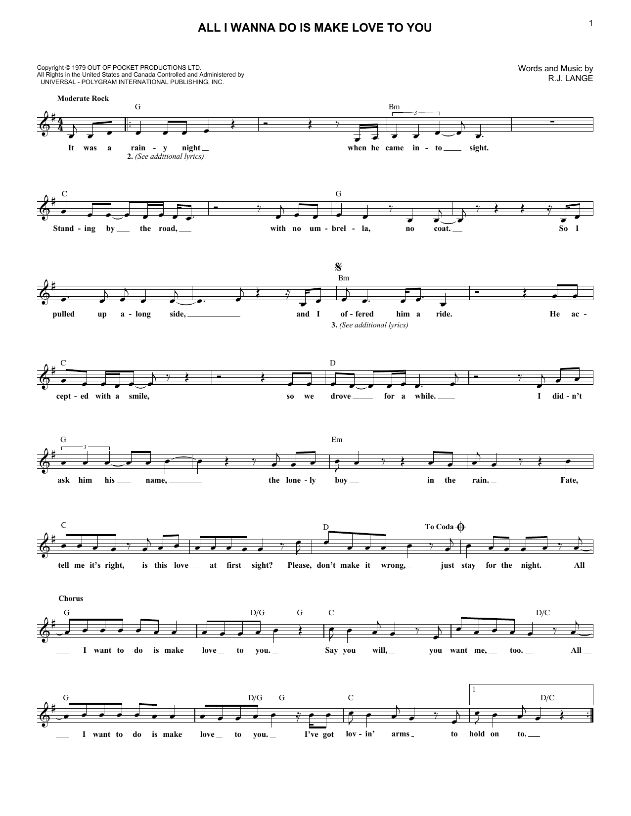R.J. Lange All I Wanna Do Is Make Love To You Sheet Music Notes & Chords for Melody Line, Lyrics & Chords - Download or Print PDF