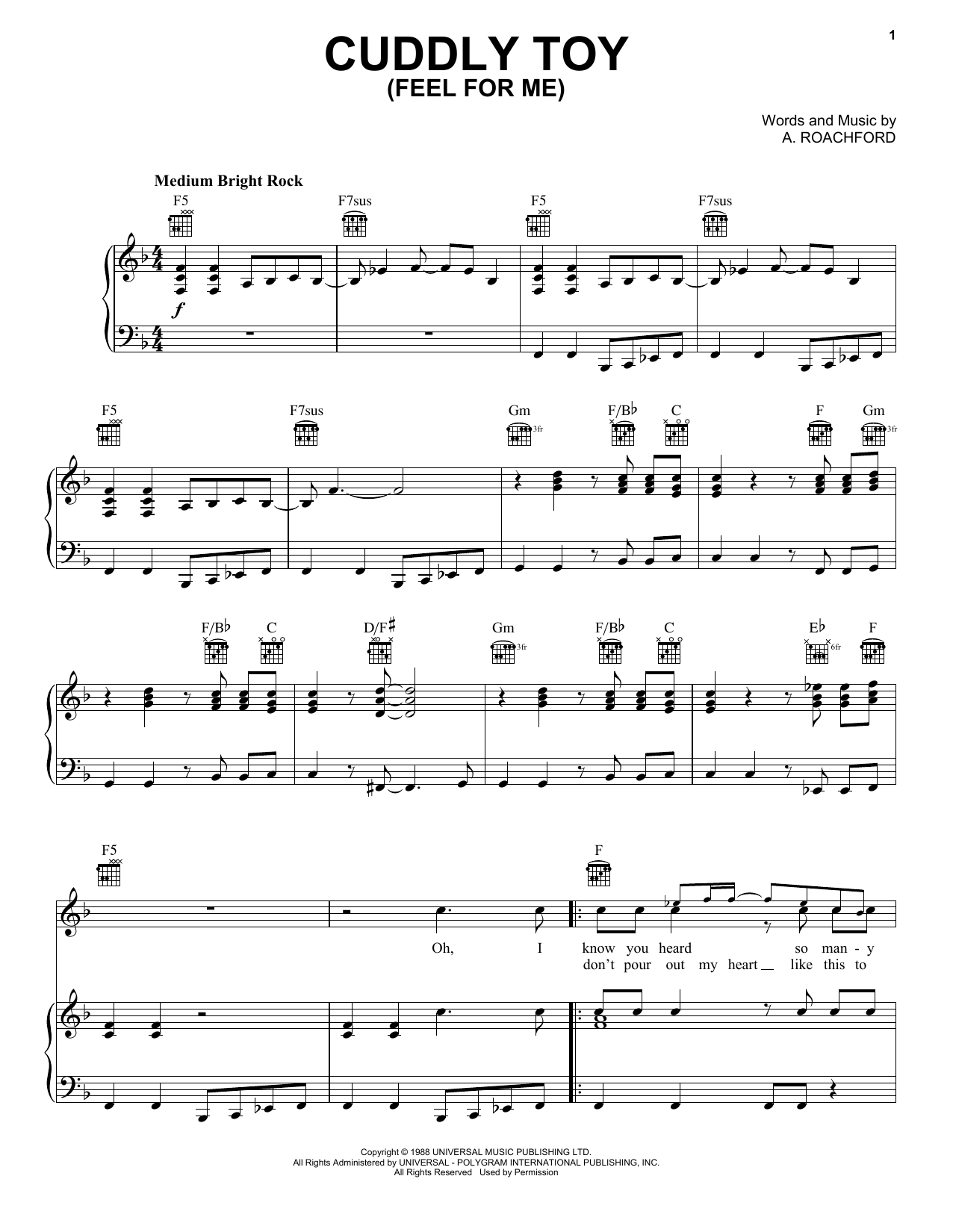 Roachford Cuddly Toy (Feel For Me) Sheet Music Notes & Chords for Piano, Vocal & Guitar Chords (Right-Hand Melody) - Download or Print PDF