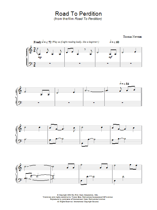 Thomas Newman Road To Perdition Sheet Music Notes & Chords for Piano - Download or Print PDF