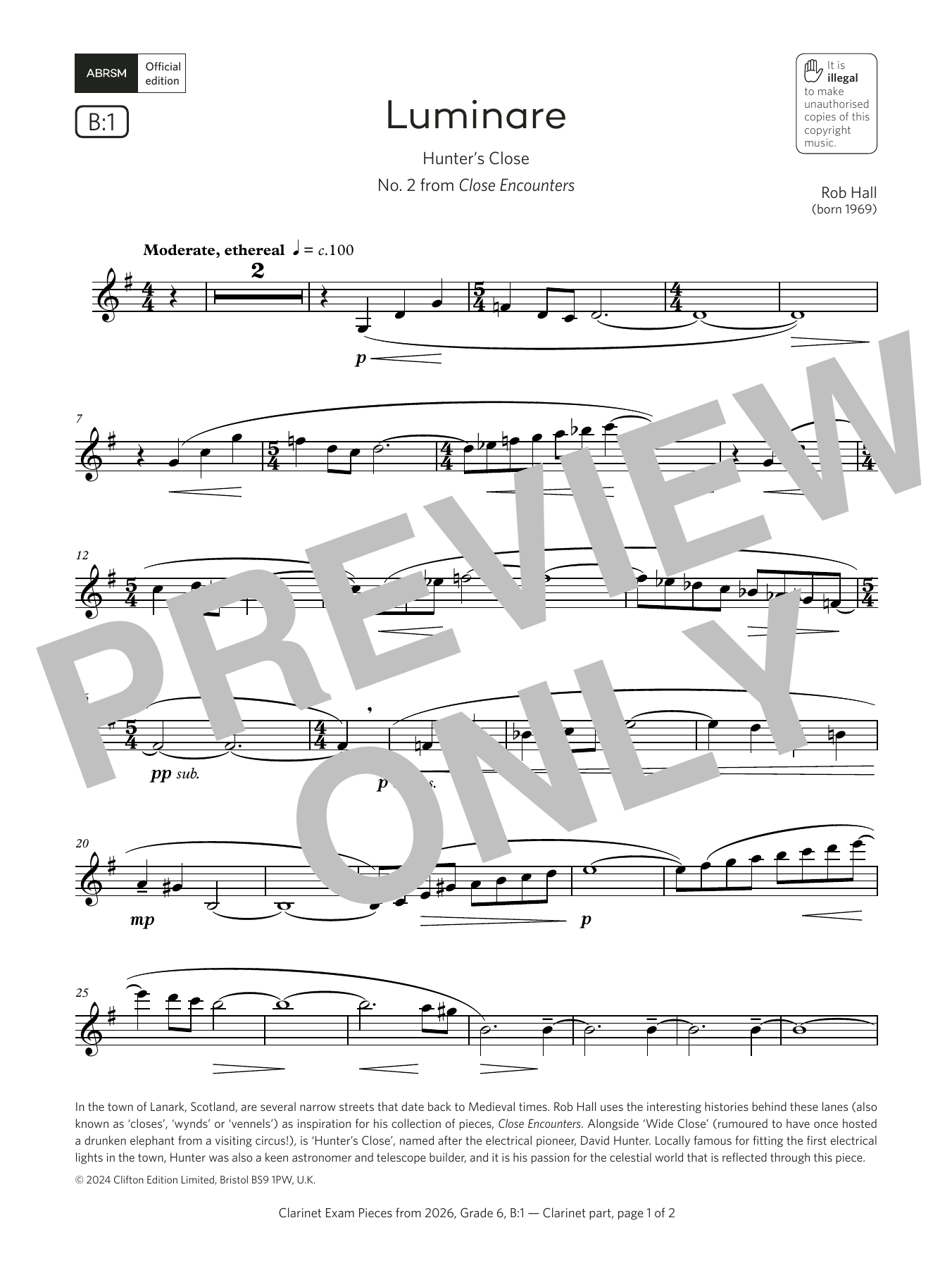 Rob Hall Luminare (Grade 6, list B1, from the ABRSM Clarinet Syllabus from 2026) Sheet Music Notes & Chords for Clarinet Solo - Download or Print PDF Rob Hall Luminare (Grade 6, list B1, from the ABRSM Clarinet Syllabus from 2026) Sheet Music Notes & Chords for Clarinet Solo - Download or Print PDF