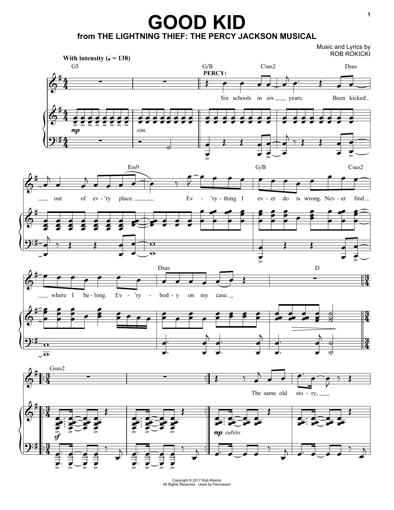 Rob Rokicki Good Kid (from The Lightning Thief: The Percy Jackson Musical) Sheet Music Notes & Chords for Piano & Vocal - Download or Print PDF