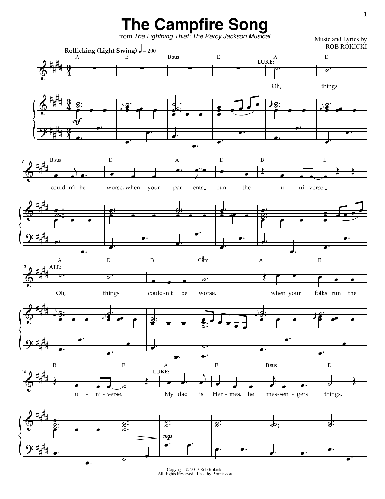 Rob Rokicki The Campfire Song (from The Lightning Thief: The Percy Jackson Musical) Sheet Music Notes & Chords for Piano & Vocal - Download or Print PDF