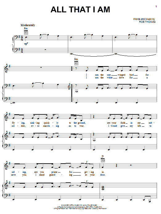 Rob Thomas All That I Am Sheet Music Notes & Chords for Piano, Vocal & Guitar (Right-Hand Melody) - Download or Print PDF