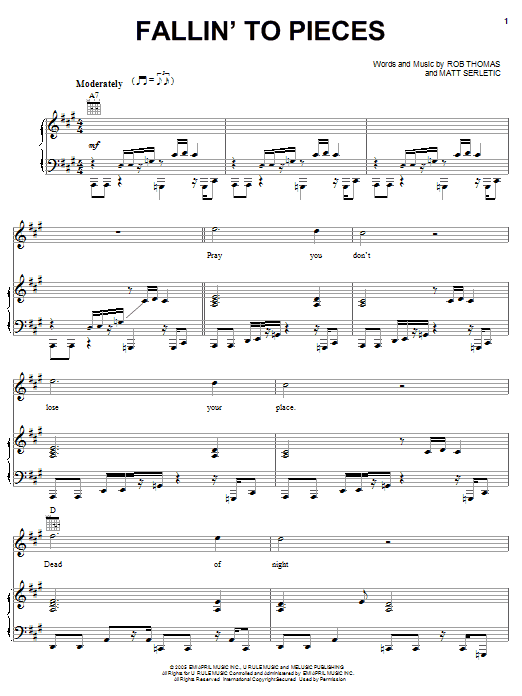 Rob Thomas Fallin' To Pieces Sheet Music Notes & Chords for Piano, Vocal & Guitar (Right-Hand Melody) - Download or Print PDF
