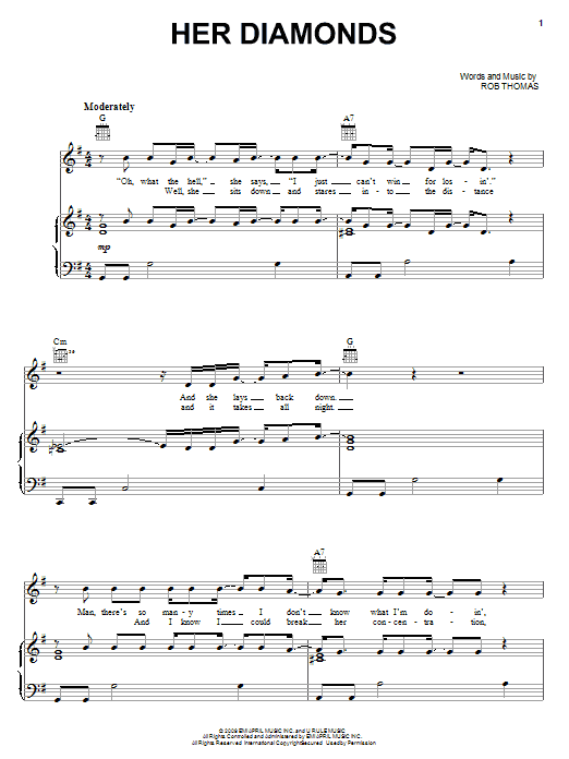 Rob Thomas Her Diamonds Sheet Music Notes & Chords for Piano, Vocal & Guitar (Right-Hand Melody) - Download or Print PDF