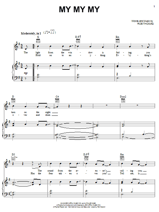 Rob Thomas My My My Sheet Music Notes & Chords for Piano, Vocal & Guitar (Right-Hand Melody) - Download or Print PDF