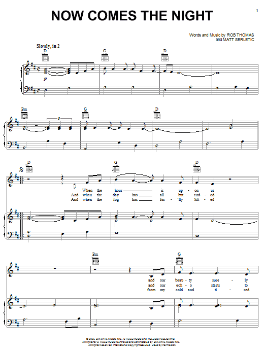 Rob Thomas Now Comes The Night Sheet Music Notes & Chords for Piano, Vocal & Guitar (Right-Hand Melody) - Download or Print PDF