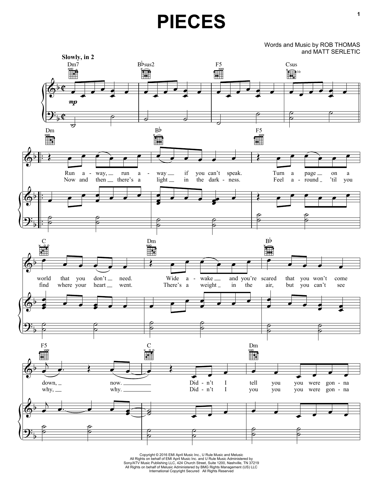 Rob Thomas Pieces Sheet Music Notes & Chords for Piano, Vocal & Guitar (Right-Hand Melody) - Download or Print PDF