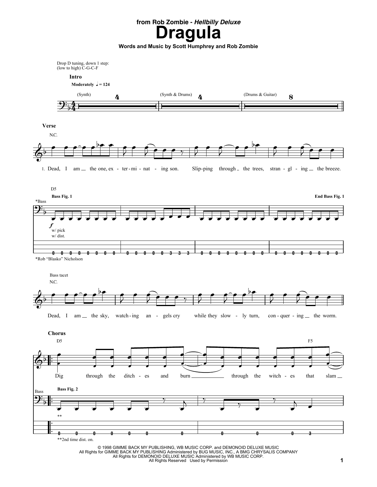 Rob Zombie Dragula Sheet Music Notes & Chords for Bass Guitar Tab - Download or Print PDF