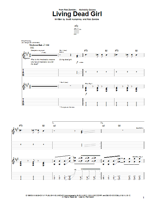 Rob Zombie Living Dead Girl Sheet Music Notes & Chords for Guitar Tab - Download or Print PDF