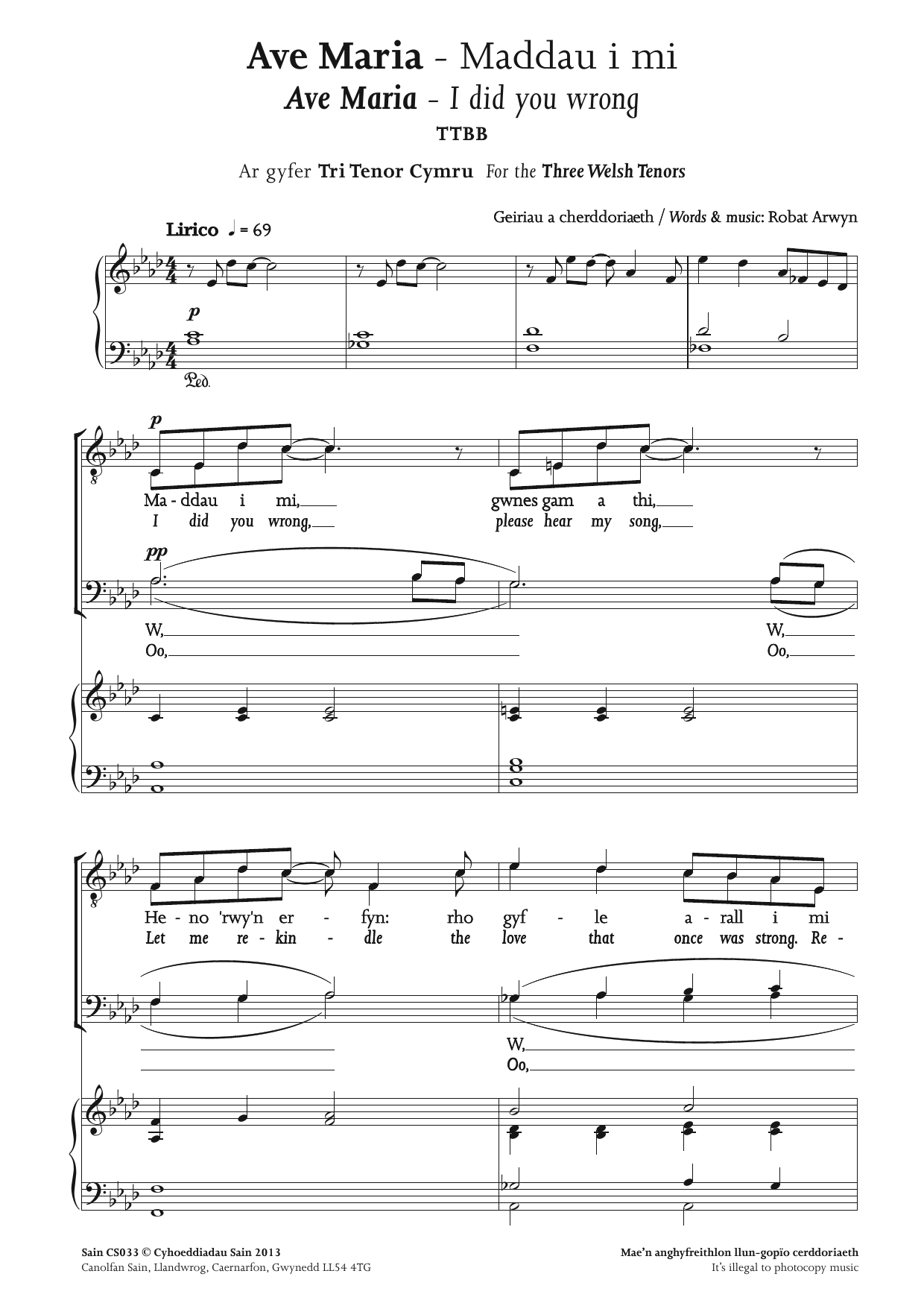 Robat Arwyn Ave Maria - Maddau i mi Sheet Music Notes & Chords for TTBB - Download or Print PDF