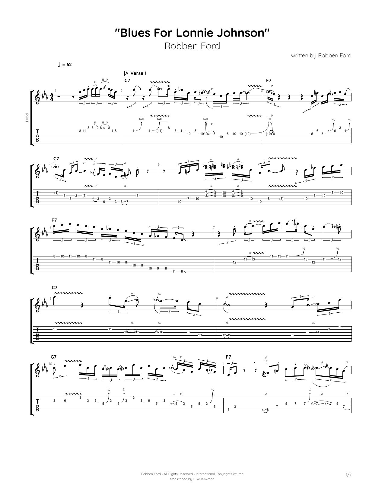 Robben Ford Blues for Lonnie Johnson Sheet Music Notes & Chords for Guitar Tab - Download or Print PDF