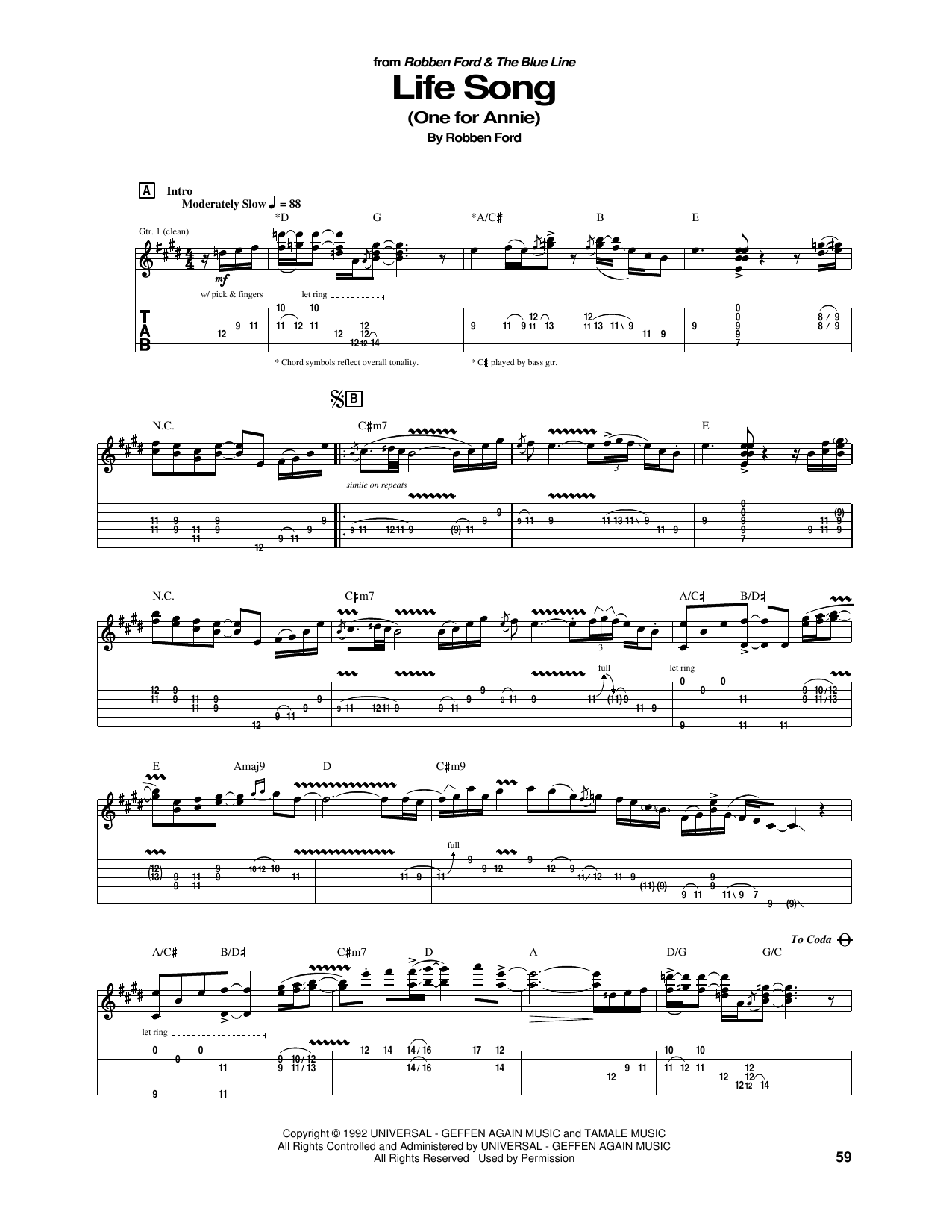 Robben Ford Life Song (One For Annie) Sheet Music Notes & Chords for Guitar Tab - Download or Print PDF