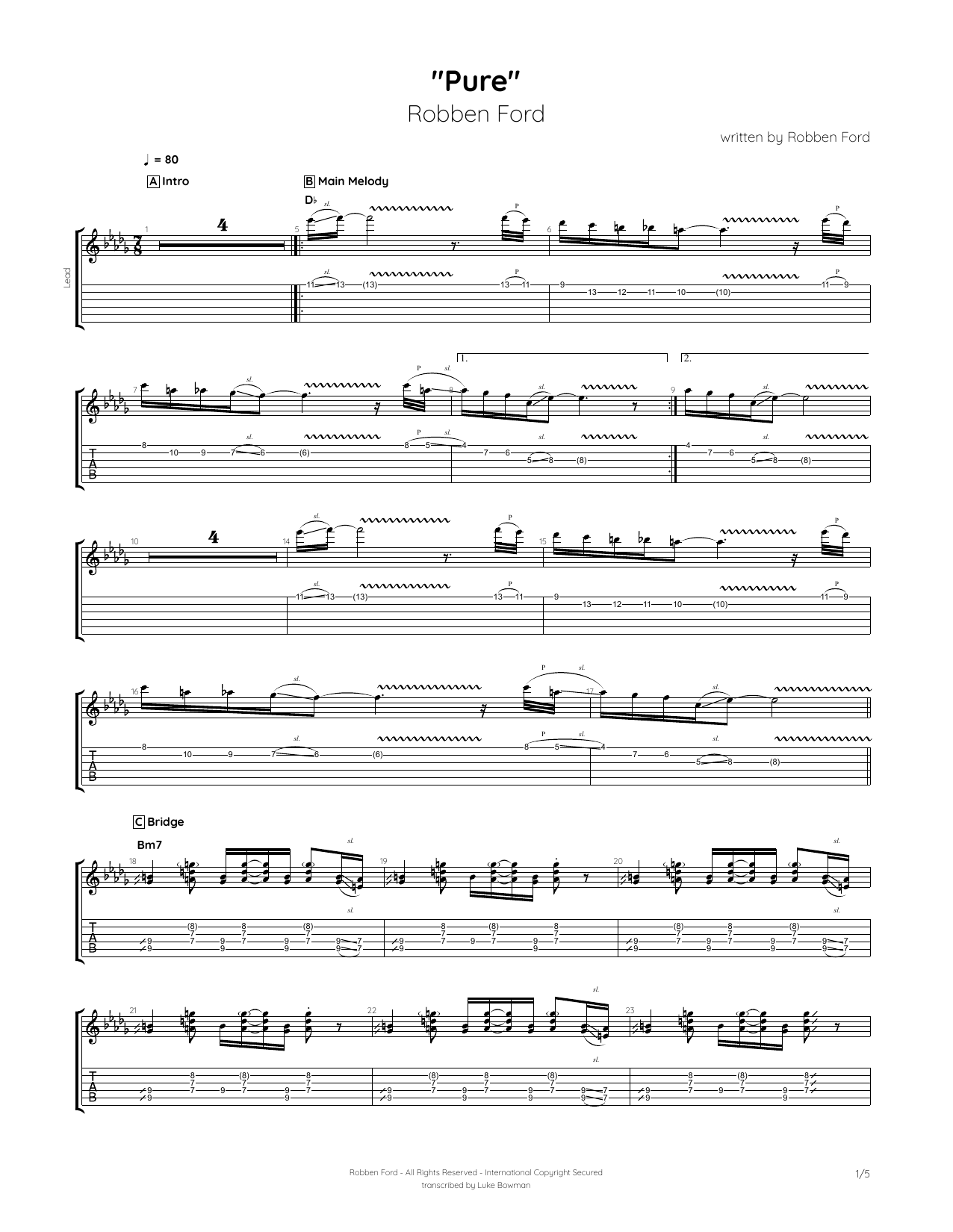 Robben Ford Pure Sheet Music Notes & Chords for Guitar Tab - Download or Print PDF