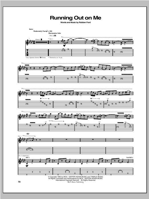 Robben Ford Running Out On Me Sheet Music Notes & Chords for Guitar Tab - Download or Print PDF