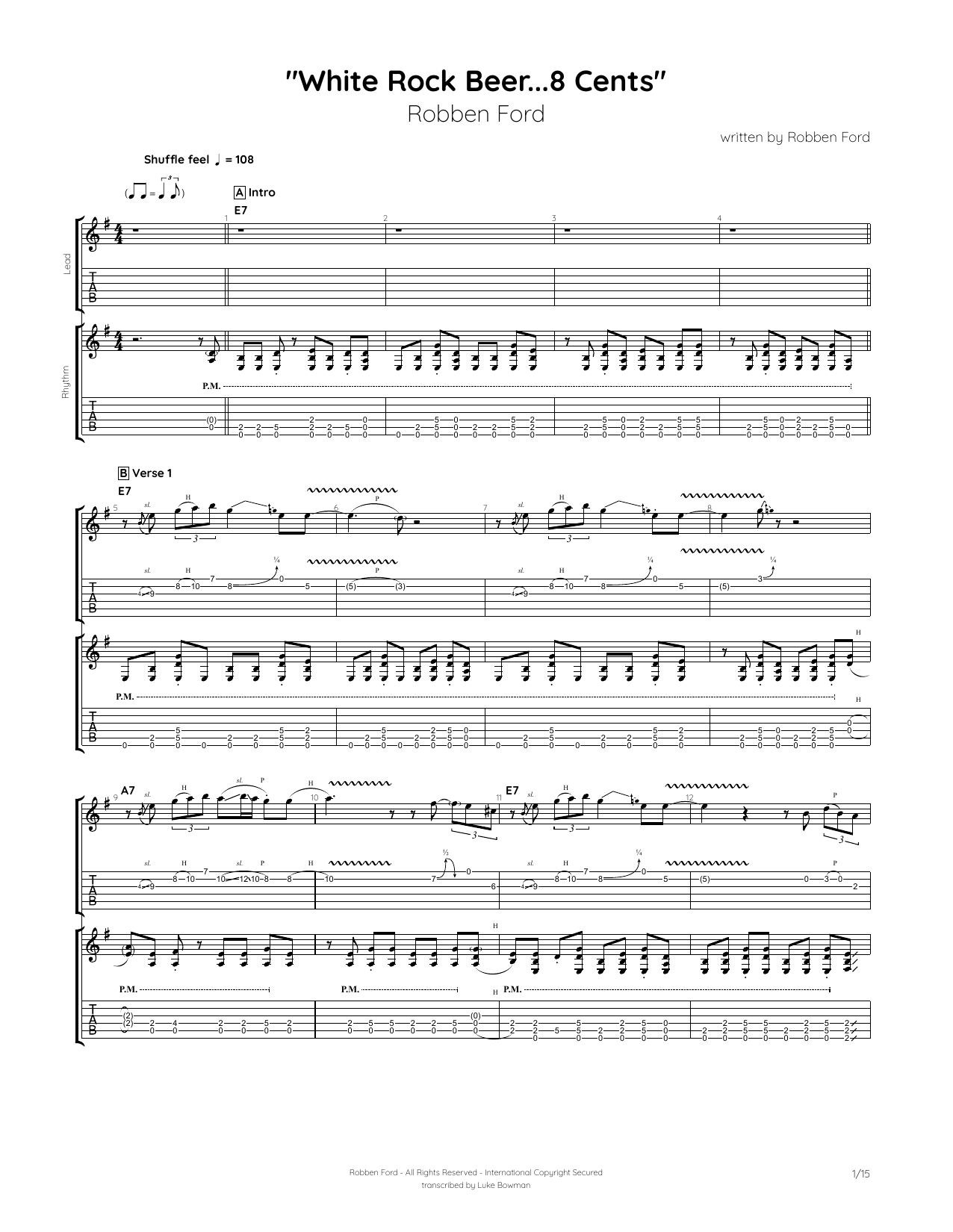 Robben Ford White Rock Beer...8 cents Sheet Music Notes & Chords for Guitar Tab - Download or Print PDF