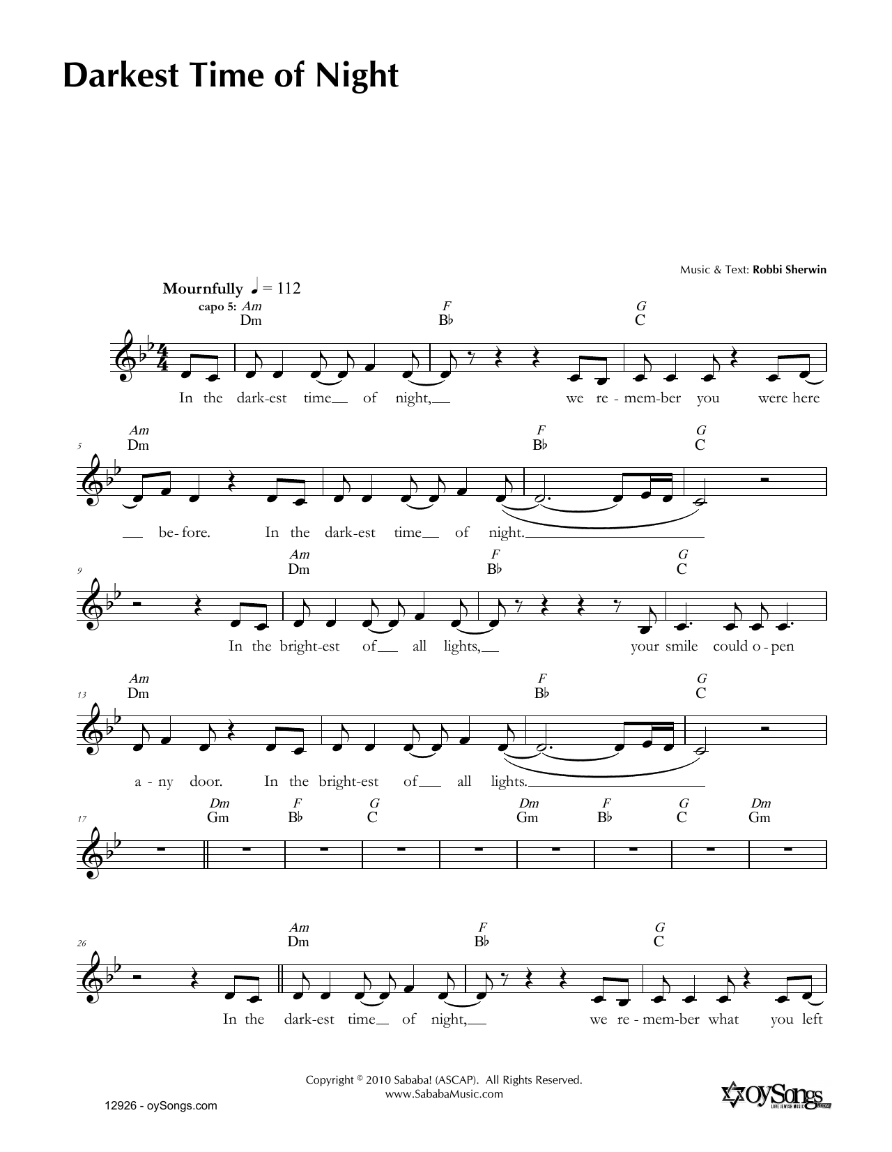 Robbi Sherwin Darkest Time of Night Sheet Music Notes & Chords for Melody Line, Lyrics & Chords - Download or Print PDF