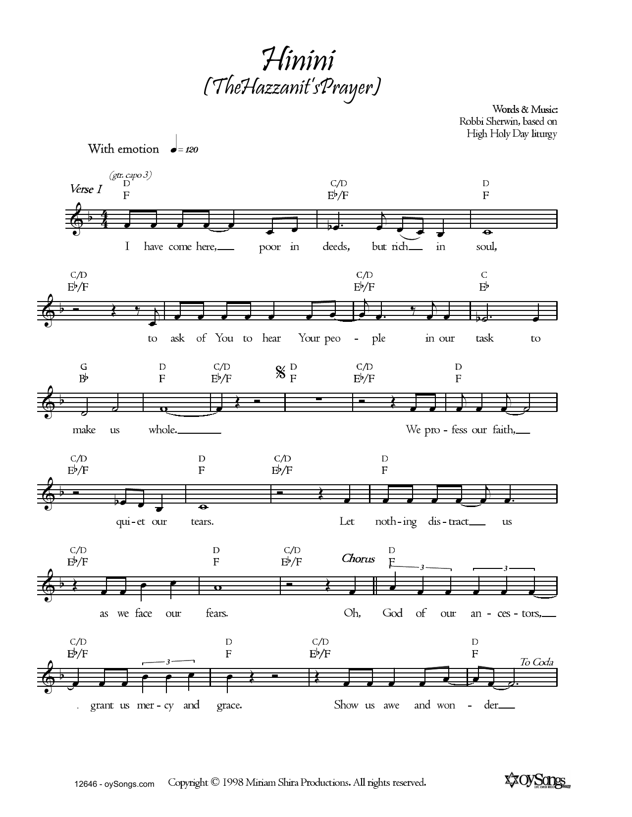 Robbi Sherwin Hinini (The Hazzanit's Prayer) Sheet Music Notes & Chords for Real Book – Melody, Lyrics & Chords - Download or Print PDF
