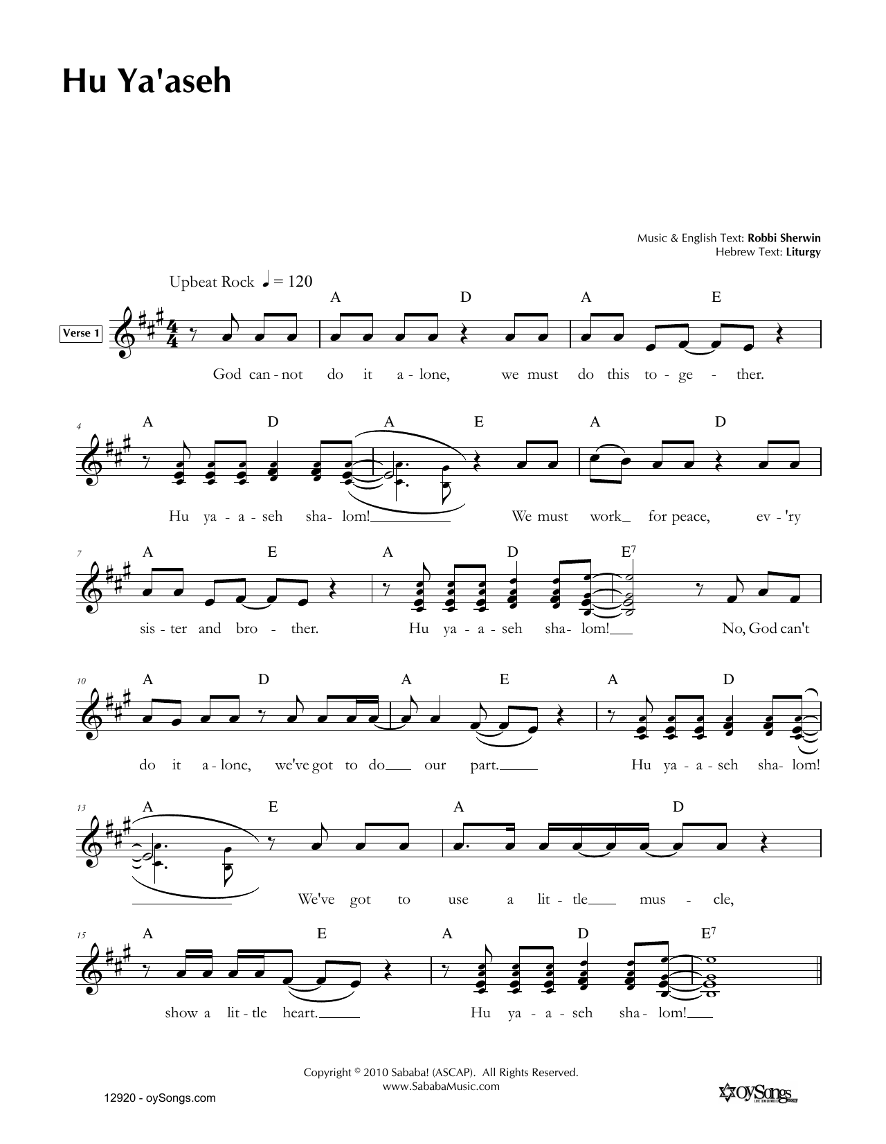 Robbi Sherwin Hu Ya'aseh Sheet Music Notes & Chords for Melody Line, Lyrics & Chords - Download or Print PDF