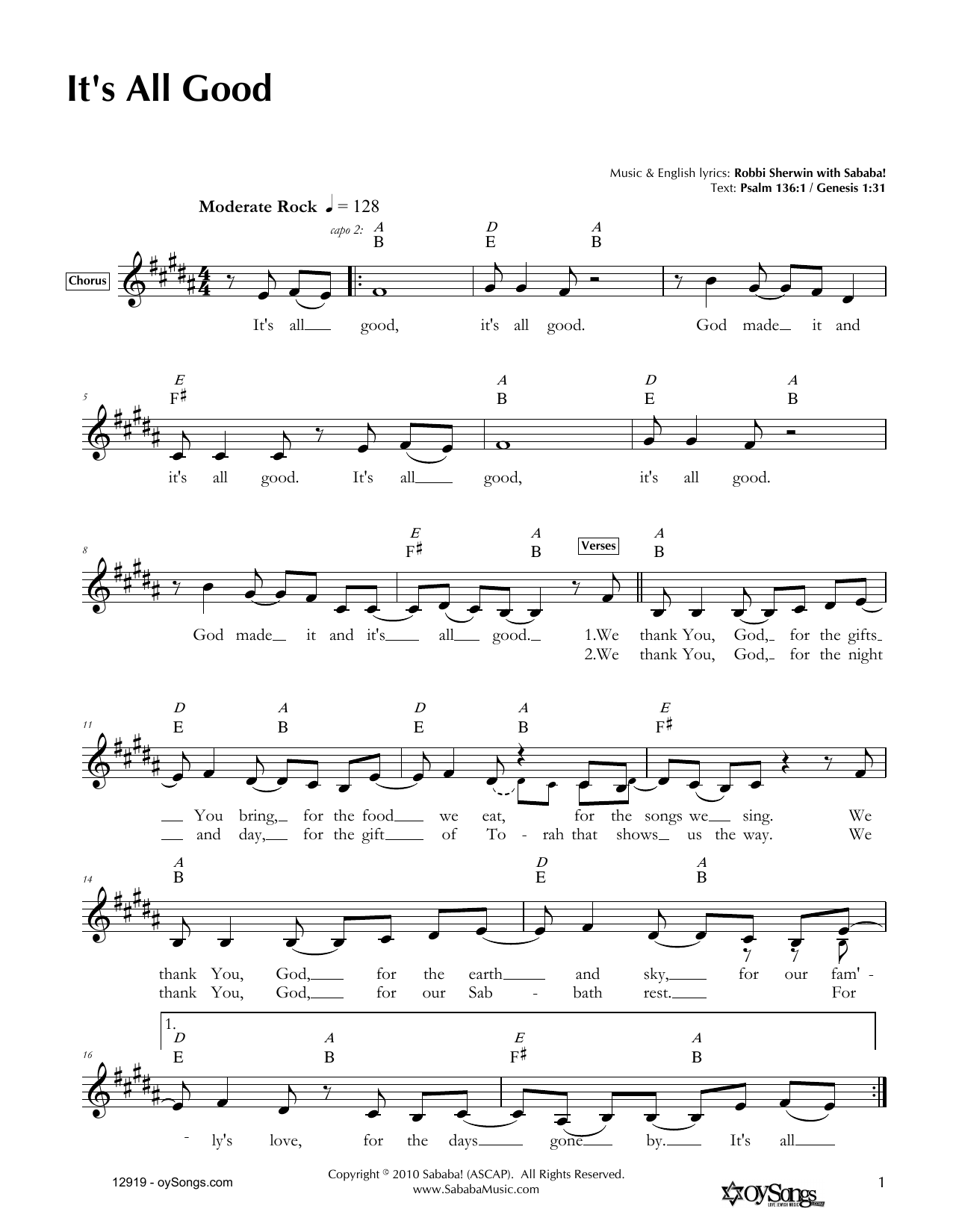 Robbi Sherwin It's All Good Sheet Music Notes & Chords for Melody Line, Lyrics & Chords - Download or Print PDF