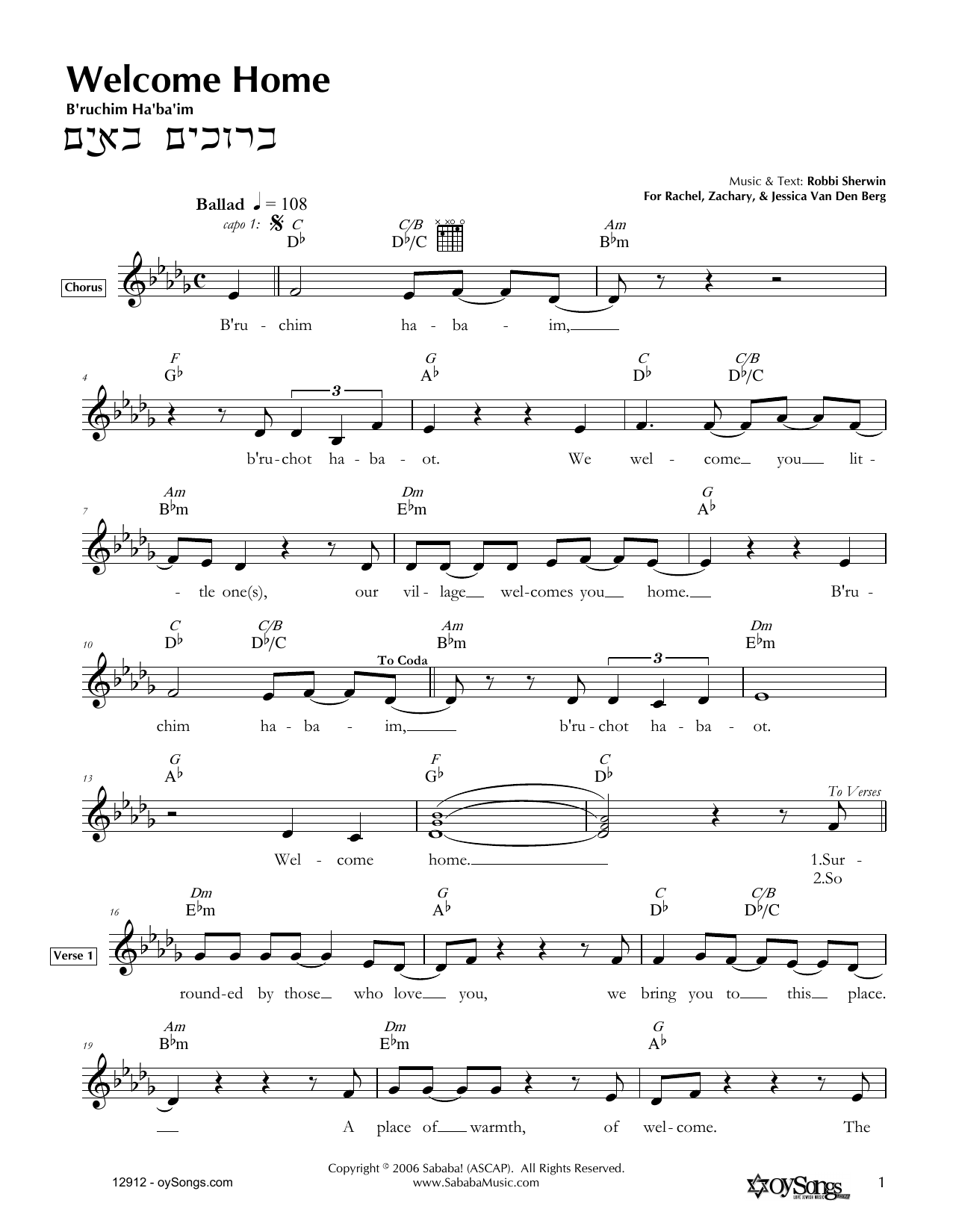 Robbi Sherwin Welcome Home Sheet Music Notes & Chords for Melody Line, Lyrics & Chords - Download or Print PDF