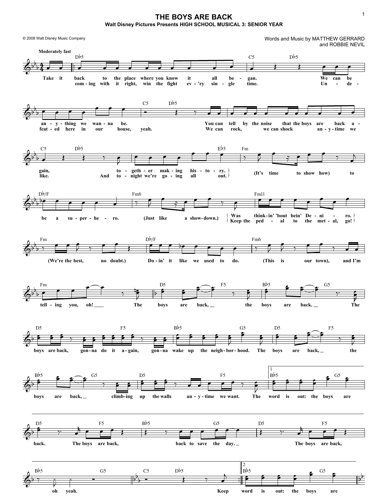 Robbie Nevil The Boys Are Back Sheet Music Notes & Chords for Melody Line, Lyrics & Chords - Download or Print PDF