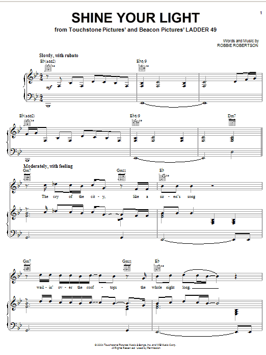 Robbie Robertson Shine Your Light Sheet Music Notes & Chords for Piano, Vocal & Guitar (Right-Hand Melody) - Download or Print PDF