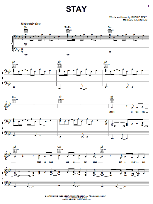 Robbie Seay Band Stay Sheet Music Notes & Chords for Piano, Vocal & Guitar (Right-Hand Melody) - Download or Print PDF Robbie Seay Band Stay Sheet Music Notes & Chords for Piano, Vocal & Guitar (Right-Hand Melody) - Download or Print PDF