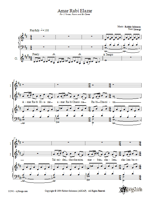 Robbie Solomon Amar Rabi Elazar Sheet Music Notes & Chords for 2-Part Choir - Download or Print PDF