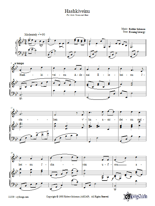 Robbie Solomon Hashkiveinu Sheet Music Notes & Chords for Piano, Vocal & Guitar (Right-Hand Melody) - Download or Print PDF