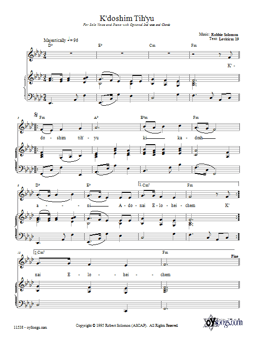 Robbie Solomon K'doshim Tih'yu Sheet Music Notes & Chords for Piano, Vocal & Guitar (Right-Hand Melody) - Download or Print PDF