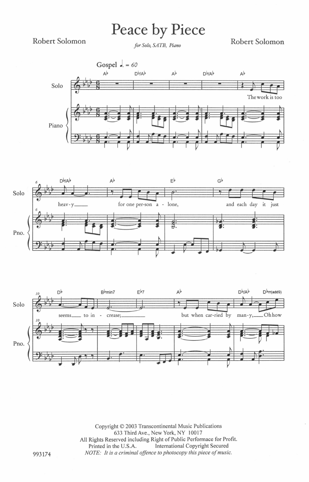 Robbie Solomon Piece By Peace Sheet Music Notes & Chords for SATB - Download or Print PDF