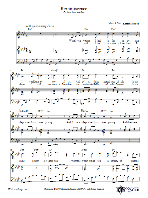 Robbie Solomon Reminscence Sheet Music Notes & Chords for Piano, Vocal & Guitar (Right-Hand Melody) - Download or Print PDF