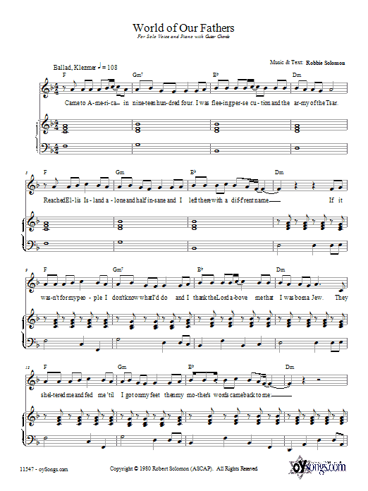 Robbie Solomon World of Our Fathers Sheet Music Notes & Chords for Piano, Vocal & Guitar (Right-Hand Melody) - Download or Print PDF