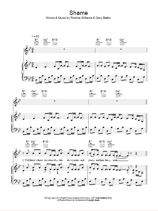 Robbie Williams & Gary Barlow Shame Sheet Music Notes & Chords for Piano, Vocal & Guitar (Right-Hand Melody) - Download or Print PDF