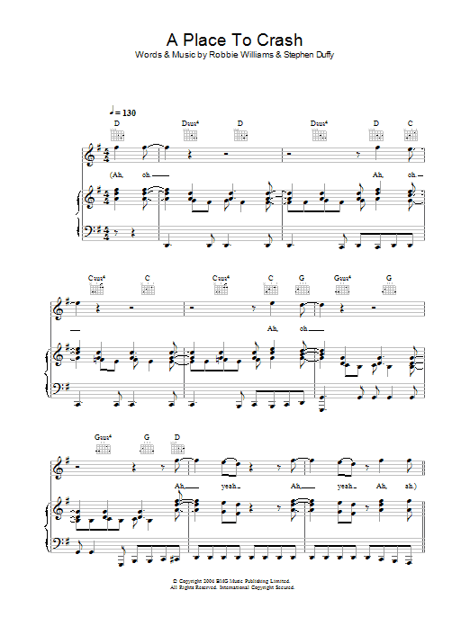 Robbie Williams A Place To Crash Sheet Music Notes & Chords for Piano, Vocal & Guitar (Right-Hand Melody) - Download or Print PDF