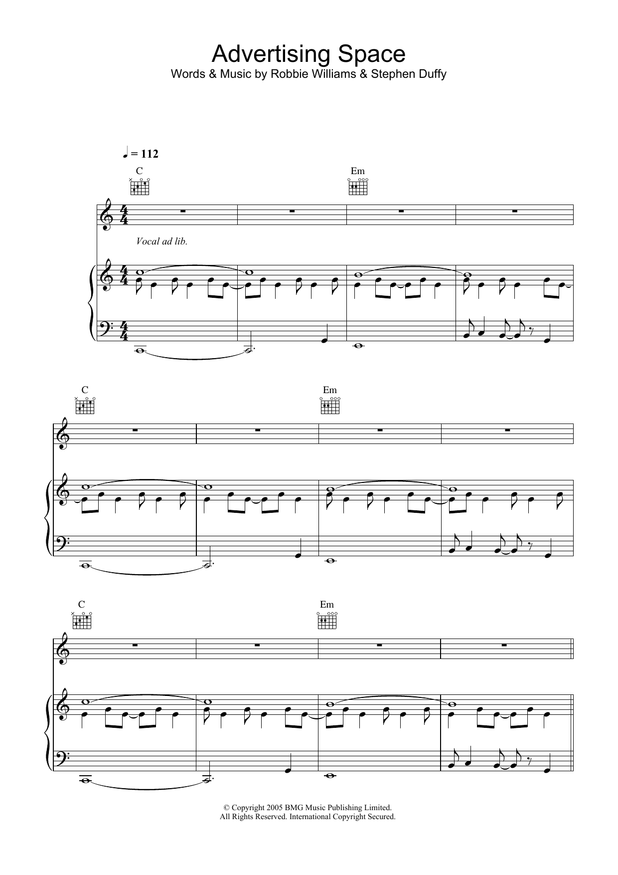 Robbie Williams Advertising Space Sheet Music Notes & Chords for Piano, Vocal & Guitar (Right-Hand Melody) - Download or Print PDF
