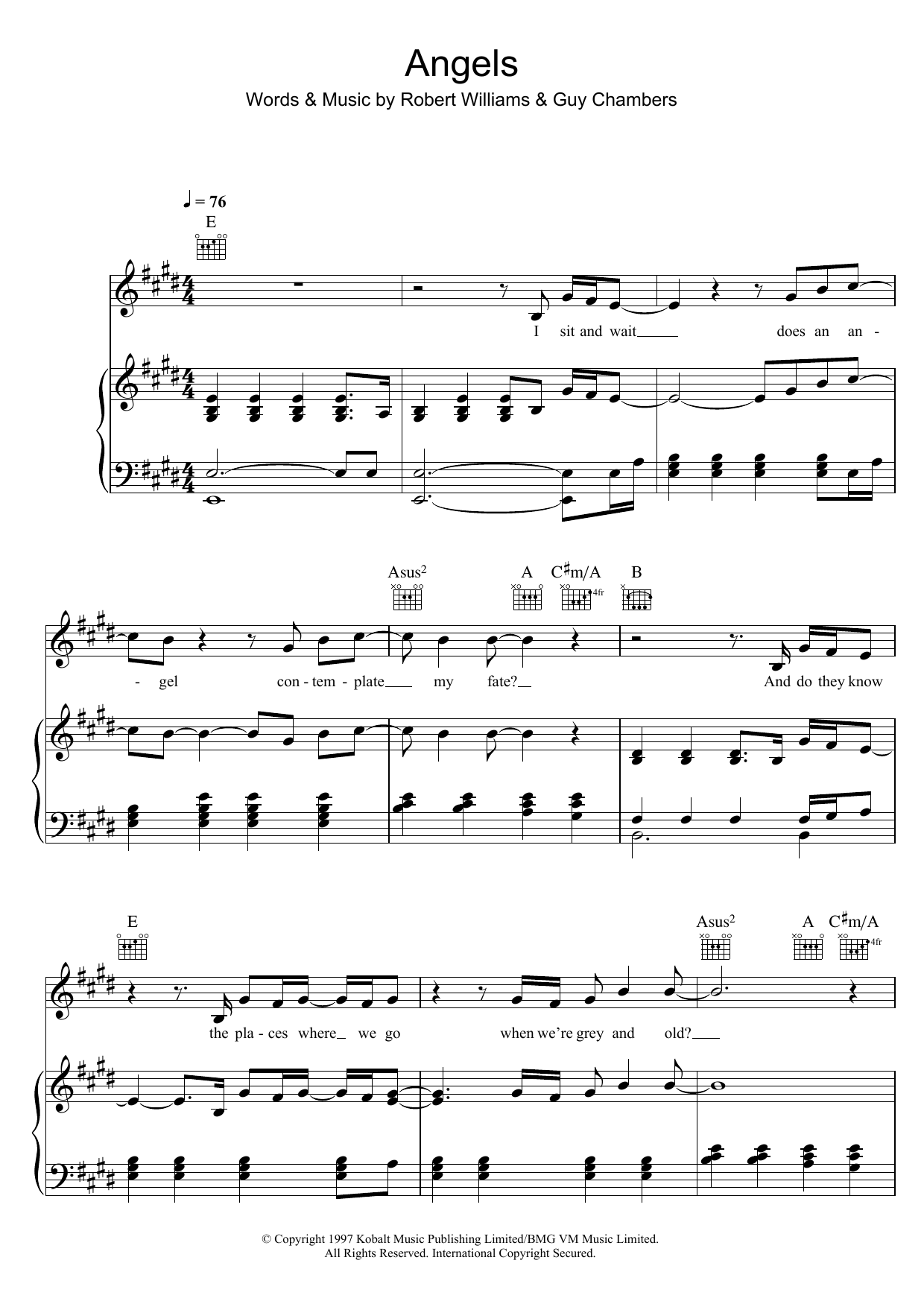 Robbie Williams Angels Sheet Music Notes & Chords for Piano, Vocal & Guitar (Right-Hand Melody) - Download or Print PDF